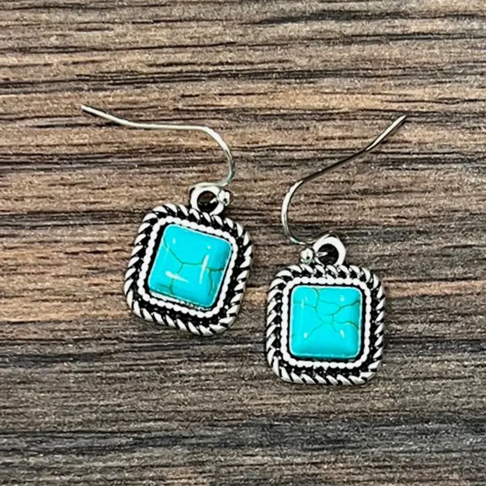 Turquoise and Silver Square Earrings ~ 8mm Square Stone Earrings